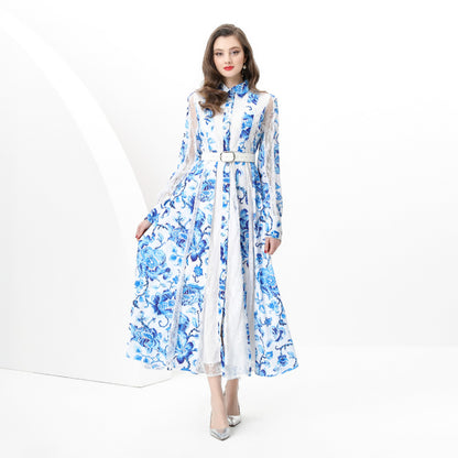 early spring - holiday tailor-made splicing waist wide pendulum printed lace long dress