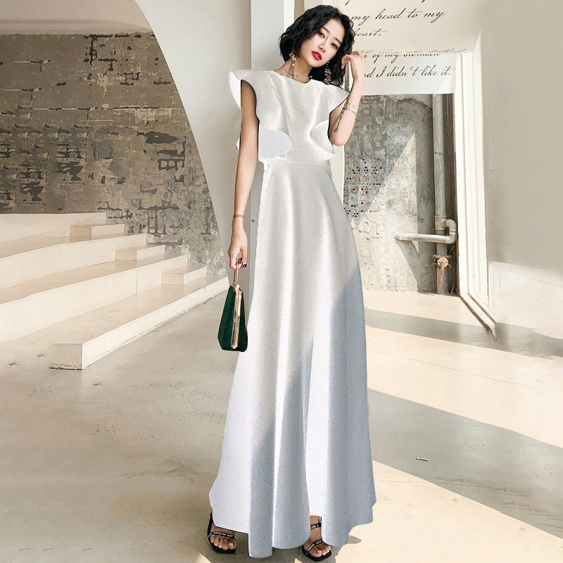 2025 banquet evening dress can be worn in spring, banquet temperament black satin performance chorus dress