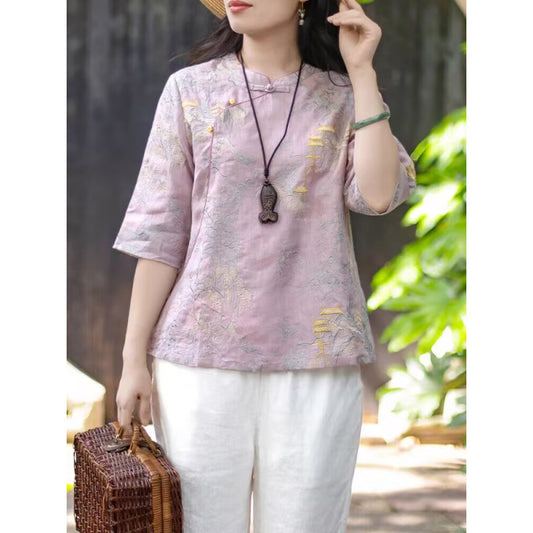 Literary and elegant ramie embroidered new Chinese shirt women's summer niche design stand-up collar diagonal placket middle-sleeved top