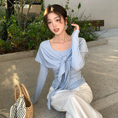 2025 Thirteen Lines  Spring New Korean Version Temperament Versatile Shawl Knitted Sweater Women's Long Sleeve Top 89310