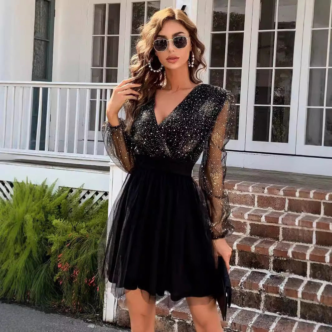 FLOWERSVERSE Trade independent station EABY mesh yarn, lantern long sleeve sexy deep V bronzing dress  2025 spring heat