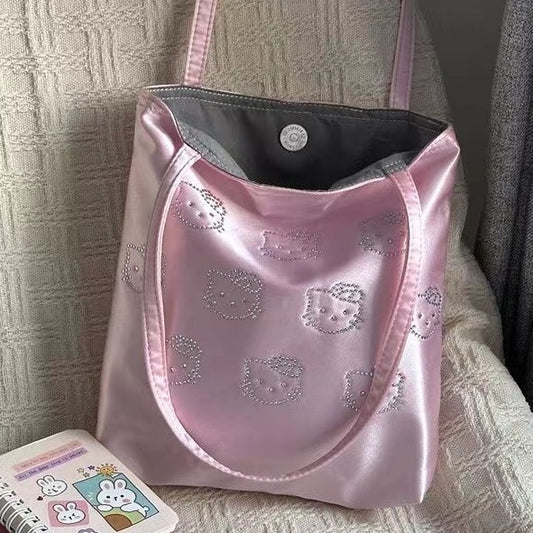 FLOWERSVERSE  Xiaohongshu New Kitty Hot Rhinestone Full Printed Satin Silk Bag Cute High Sense Mini Tote Handbag Female