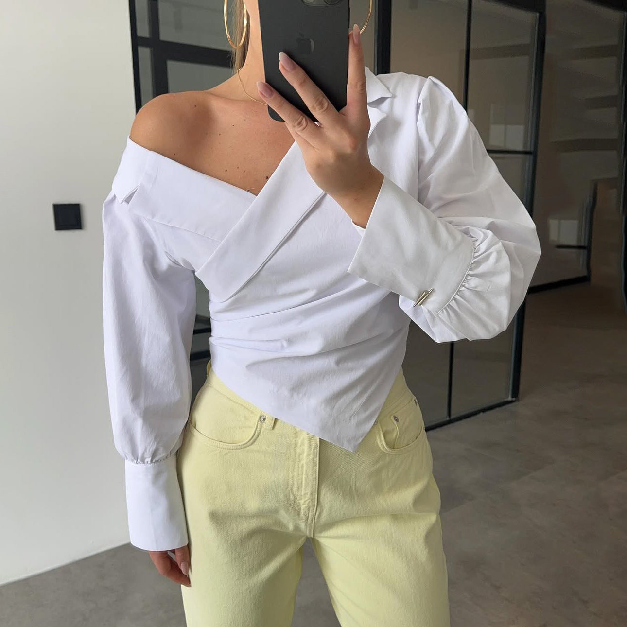 high-end light luxury summer solid color off-the-shoulder lapel lantern cuff waist design long-sleeved shirt