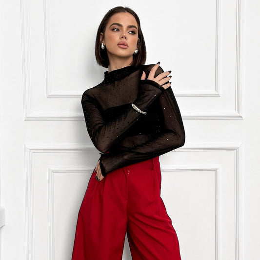 spring and summer new high-end hot diamond mesh see-through long-sleeved T-shirt wearing Spice Girl fashion design top