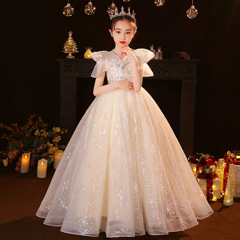 flowersverse Children's Dress  Girls Western Style Tulle Tutu Little Girl Host Birthday Princess Dress Piano Instrumental Performance Suit Spring