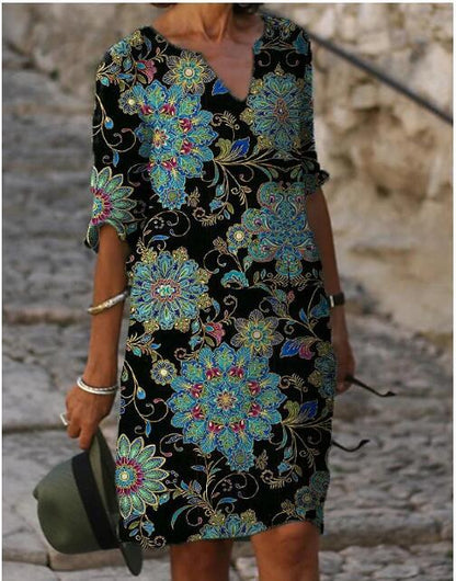 FLOWERSVERSE  new color matching printed patchwork V-neck wide Shochiku retro literary round neck five-quarter sleeve large size dress