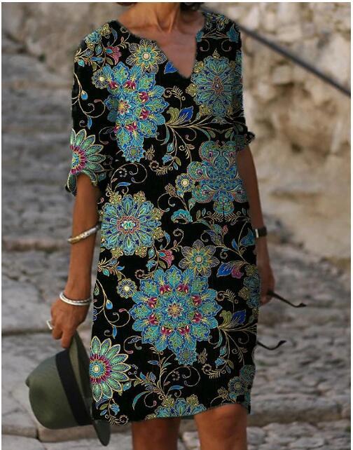 FLOWERSVERSE  new color matching printed patchwork V-neck wide Shochiku retro literary round neck five-quarter sleeve large size dress