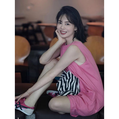 summer new Korean version of small men wear thin and age-reducing versatile casual pink loose vest dress