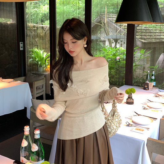 2025 popular autumn new temperament one-word collar versatile bottoming shirt long-sleeved knitted sweater women's top 25020