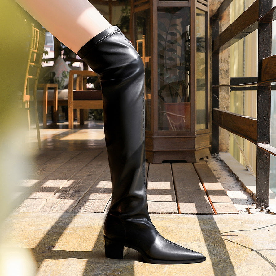 FLOWERSVERSE 2025 009-22  fashion simple thick heel high heel pointed sexy nightclub pedicure thin legs knee boots boots boots