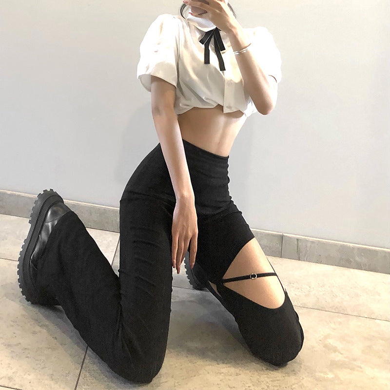 FLOWERSVERSE  Fashion Personality Hollow out Design Elegant Slim Pants European and American  Summer New High Waist Casual Pants