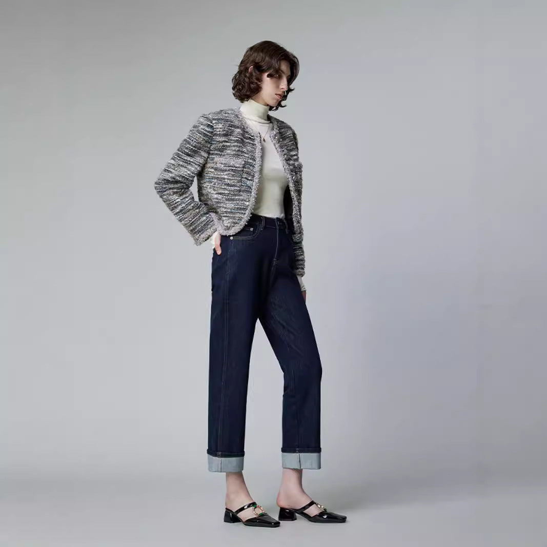 2025 popular autumn lycra fabric, high-quality original cow-colored flanged straight-leg pants, elastic on all sides, not easy to fade jeans for women