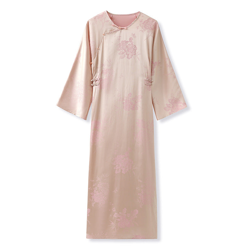 New Chinese style printing design sense split silk cheongsam dress popular new slim dress M6101