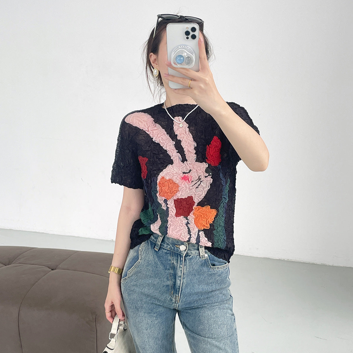 summer three-dimensional oil painting feeling flower high elastic scratch pleated anti-wrinkle short-sleeved crew neck T-shirt slim-fitting versatile top women