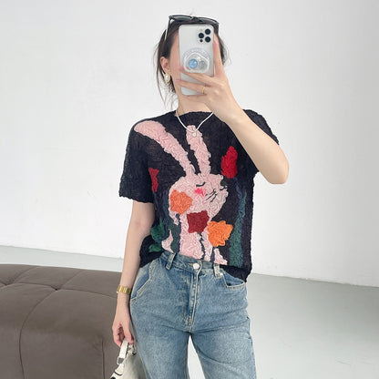 summer three-dimensional oil painting feeling flower high elastic scratch pleated anti-wrinkle short-sleeved crew neck T-shirt slim-fitting versatile top women