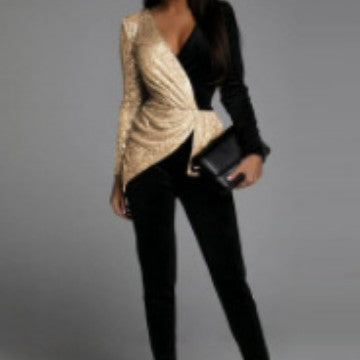 FLOWERSVERSE 2025 Middle East New  black gold double spell solid color temperament commuter high waist fashion sequined jumpsuit