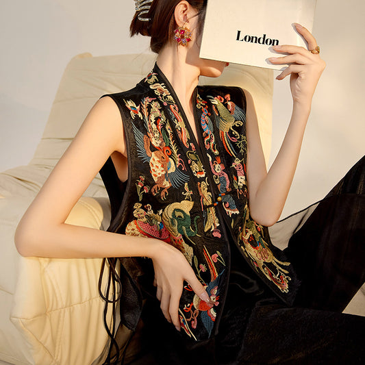 New Chinese style national style high-grade mulberry silk heavy industry buckle embroidery splicing mesh yarn retro vest women M6063