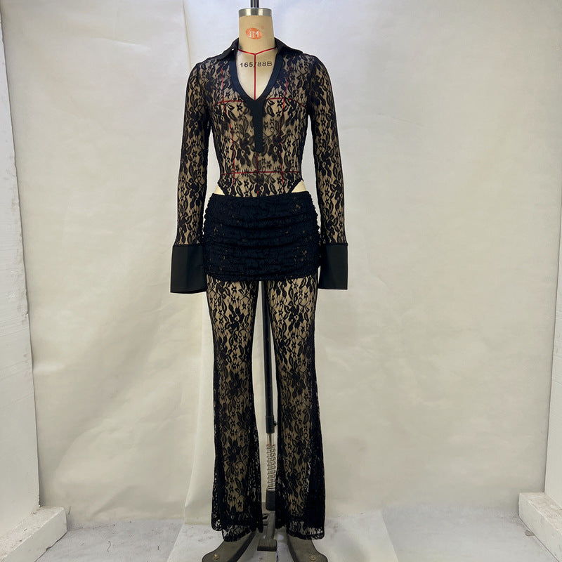 New popular sexy lace splicing deep V long-sleeved top slim-fitting perspective high-waisted flared pants women's suit