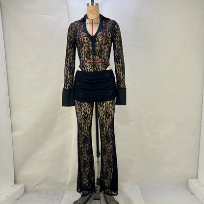 New popular sexy lace splicing deep V long-sleeved top slim-fitting perspective high-waisted flared pants women's suit