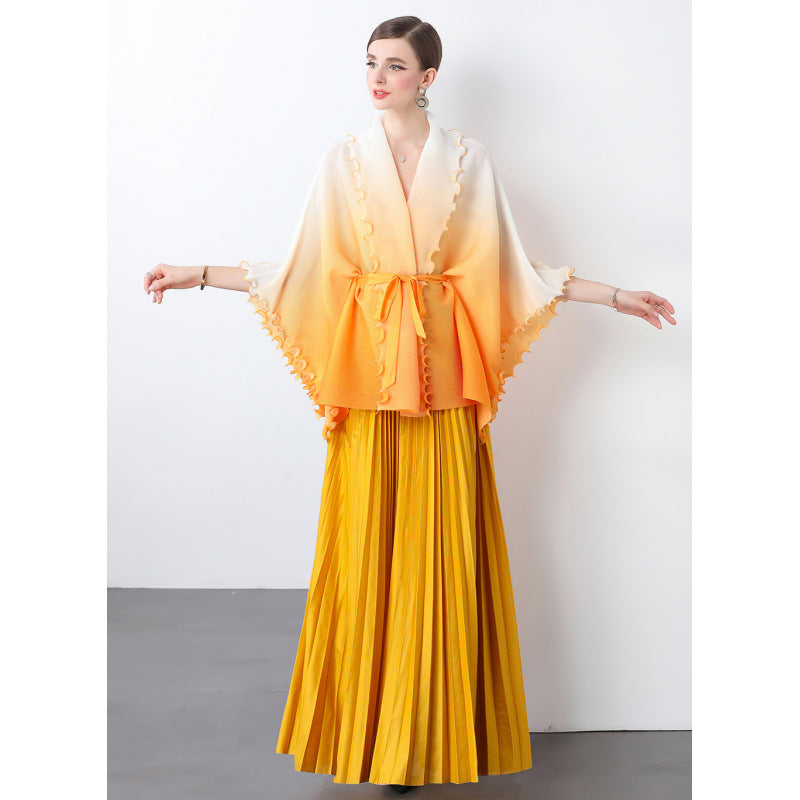 Fashion suit women's clothing strap waist gradual change color pleated cardigan top high waist pleated skirt two sets