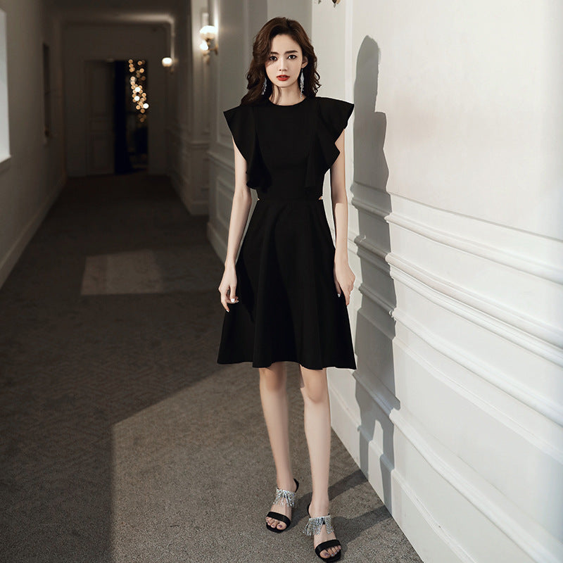 2025 banquet evening dress can be worn in spring, banquet temperament black satin performance chorus dress