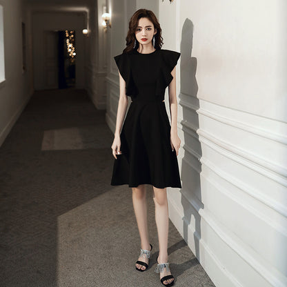 2025 banquet evening dress can be worn in spring, banquet temperament black satin performance chorus dress
