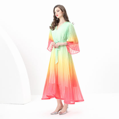 style gradual change color V-neck dress women's spring horn sleeve pleated strap design chic beautiful long skirt