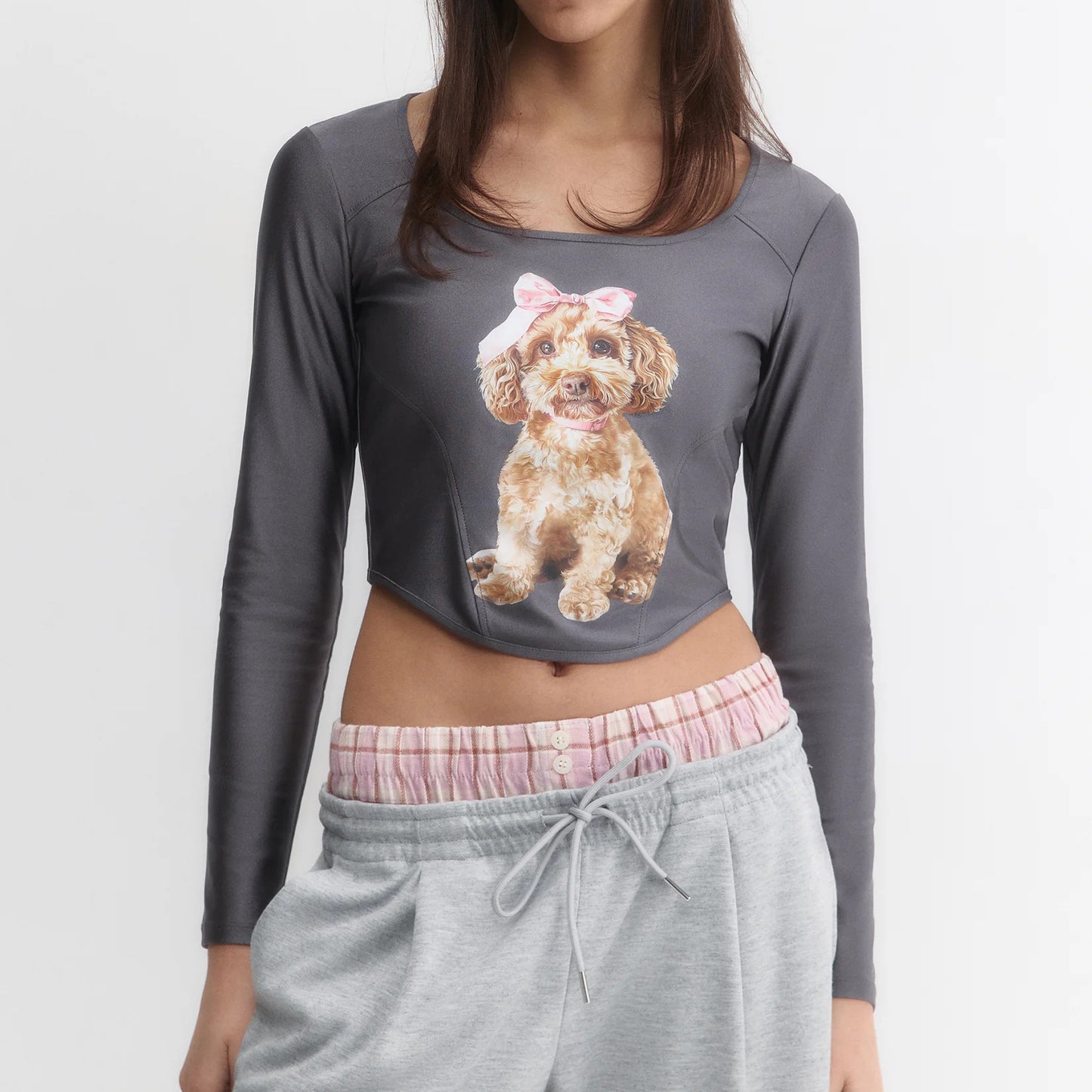 n style women's round neck long-sleeved open button long-sleeved T-shirt cartoon dog summer street casual trendy top