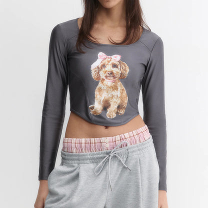 n style women's round neck long-sleeved open button long-sleeved T-shirt cartoon dog summer street casual trendy top