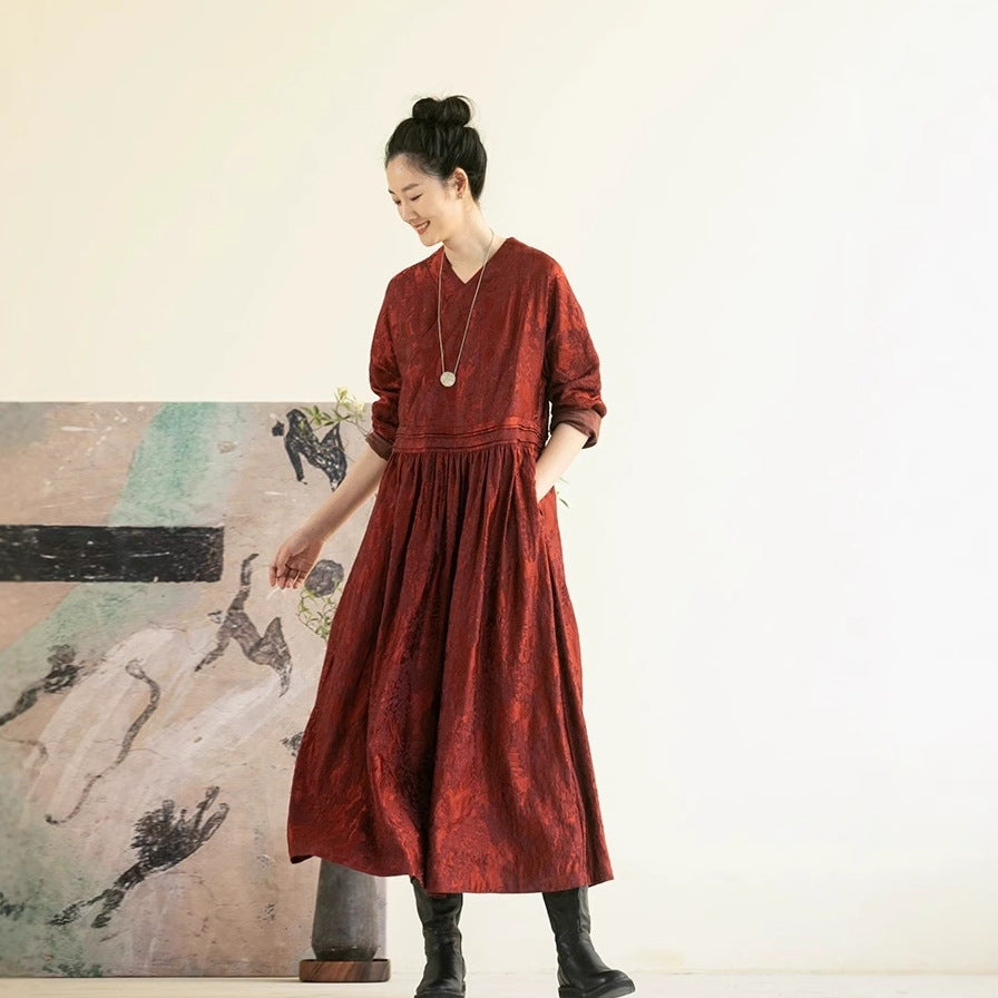 Dress women's spring high-end sense, jacquard Ankola red V-neck zen loose long-sleeved long skirt B1106