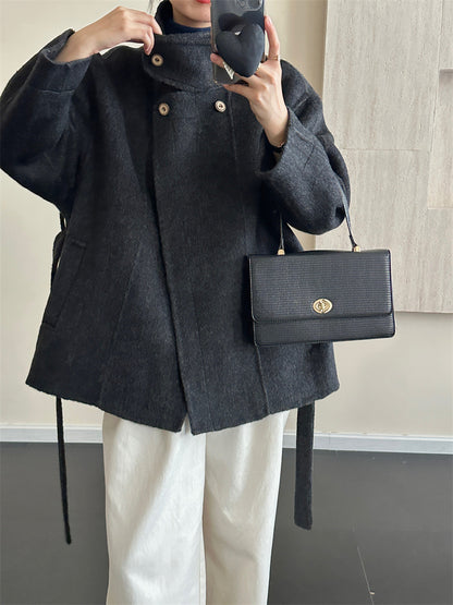 2025 Stand-up collar lace-up shoulder sleeves solid color wool double-sided cashmere coat woolen jacket versatile autumn and winter casual versatile