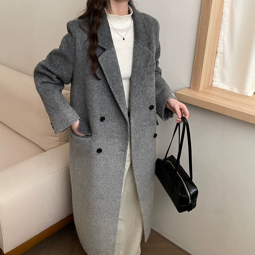2025 Suit collar double-breasted two-color gradual change extended double-sided wool woolen coat women's versatile warm autumn and winter Haining