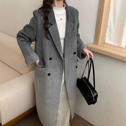 2025 Suit collar double-breasted two-color gradual change extended double-sided wool woolen coat women's versatile warm autumn and winter Haining