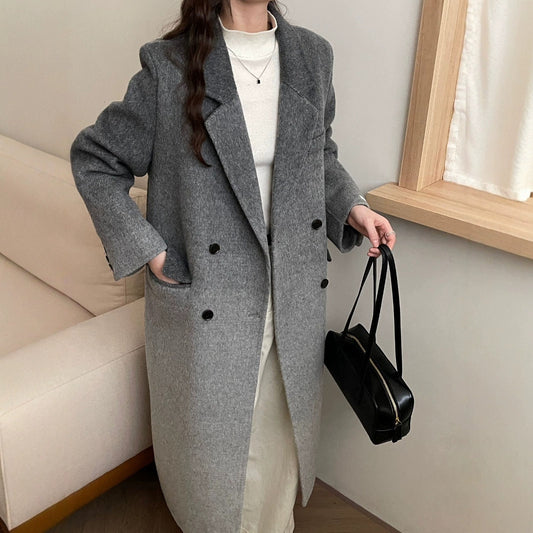 2025 Suit collar double-breasted two-color gradual change extended double-sided wool woolen coat women's versatile warm autumn and winter Haining