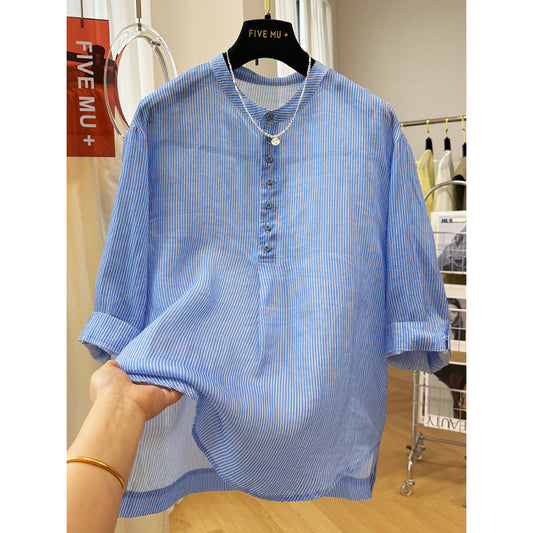 high-end crew neck striped seven-quarter sleeve shirt women's summer thin temperament shirt super good-looking loose top