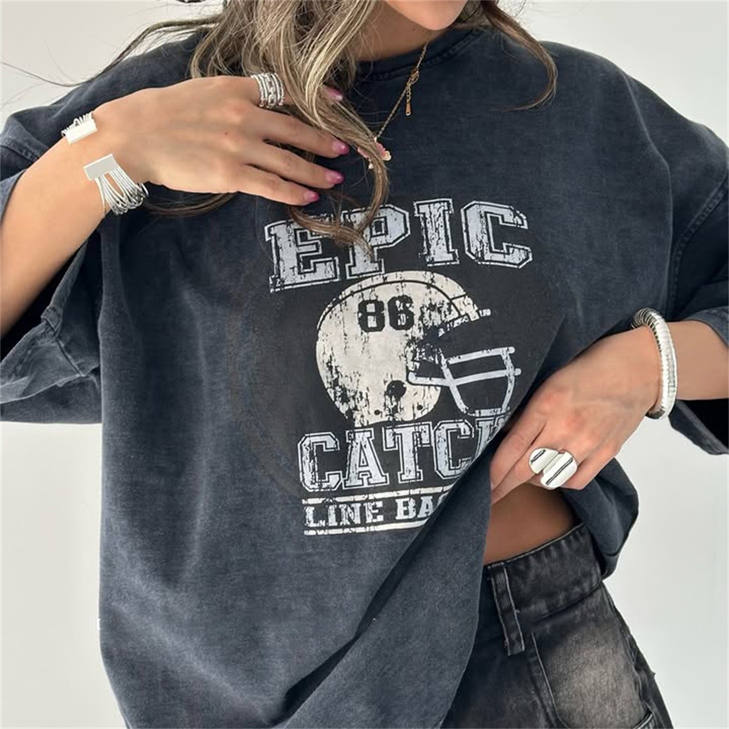 high street trend fashion old wash water printing T-shirt versatile seven-quarter sleeve top loose oversize women