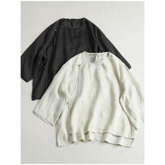 popular round neck design sense, a diagonal button embroidered nine-quarter sleeve top, ramie loose and cool new Chinese shirt