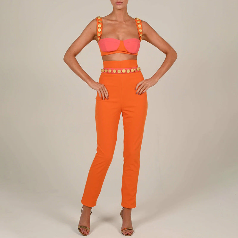 2025 New hot-selling  suit women's fashion two-piece set willow buckle suspender color matching tube top casual trousers