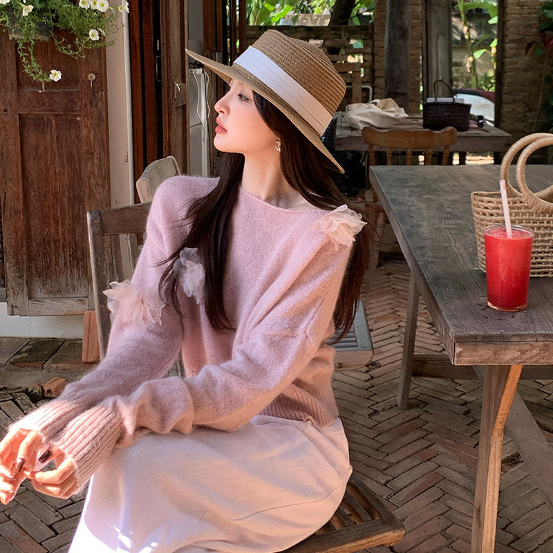 2025 Spring Loose Long Sleeve Crew Neck Mohair Long Sleeve Wool Knitted Sweater Top Sweater 25136