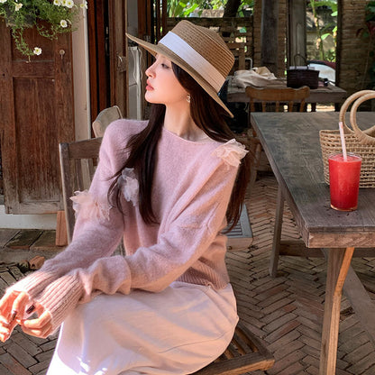 2025 Spring Loose Long Sleeve Crew Neck Mohair Long Sleeve Wool Knitted Sweater Top Sweater 25136