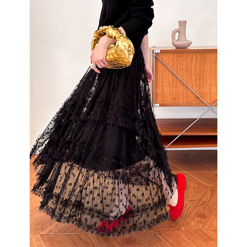 2025  Spring New Korean Version Sweet Lace Princess Fluffy Gauze Skirt Lace A-word Lace Cake Skirt 811-1