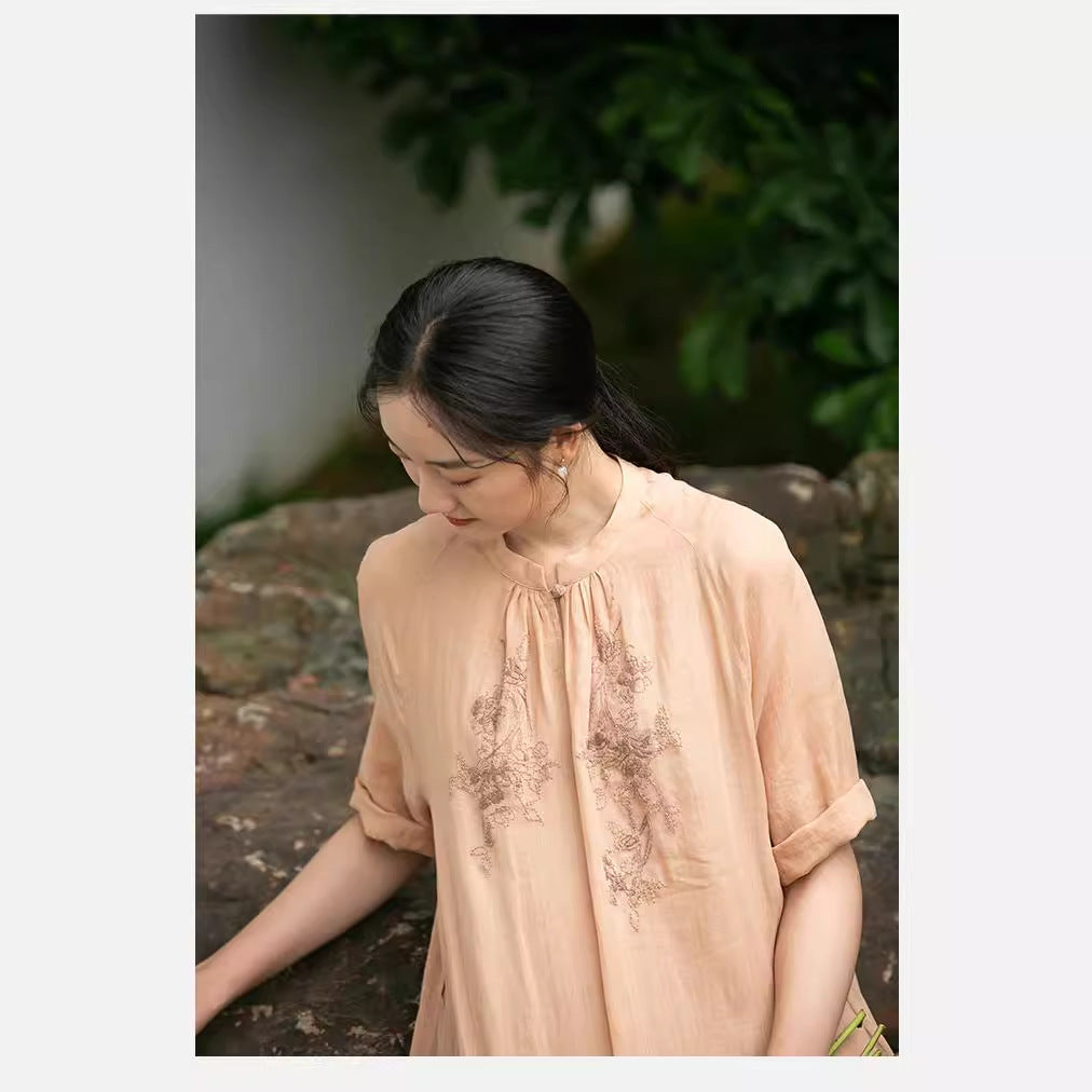 popular spring and summer dress, literary loose embroidery elegant medium and long dress, ramie dress, reply 211239