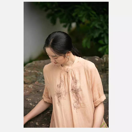 popular spring and summer dress, literary loose embroidery elegant medium and long dress, ramie dress, reply 211239