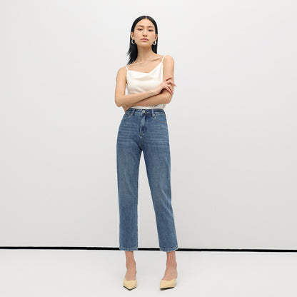 2025 Summer new high-waisted four-sided universal elastic simple thin and high jeans women's nine-point pants straight jeans