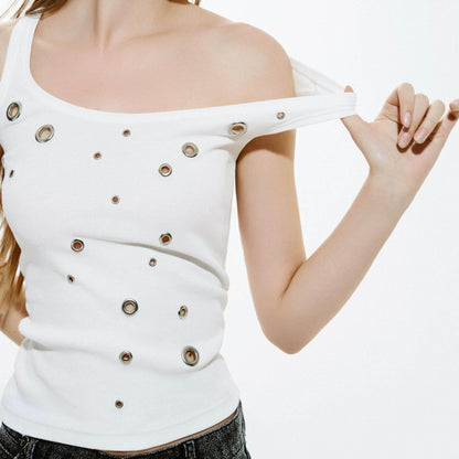 Street Spice Girl Style Metal Ring Solid Color Suspender Vest Hollow Slim Sleeveless Versatile Top Summer New Trend Brand