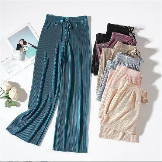 flowersverse Women's Wide-Leg Pants Spring and Summer New Draping plus Size Loose Ice Silk Korean Style Student Ins Chiffon Casual Ankle-Length Pants