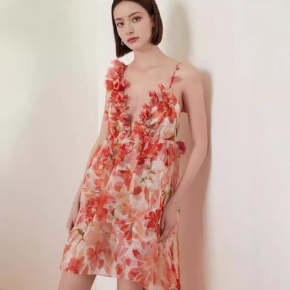 FLOWERSVERSE popular new spring and summer off-the-shoulder V-neck women's clothing suspender printing fairy long temperament evening dress big swing dress