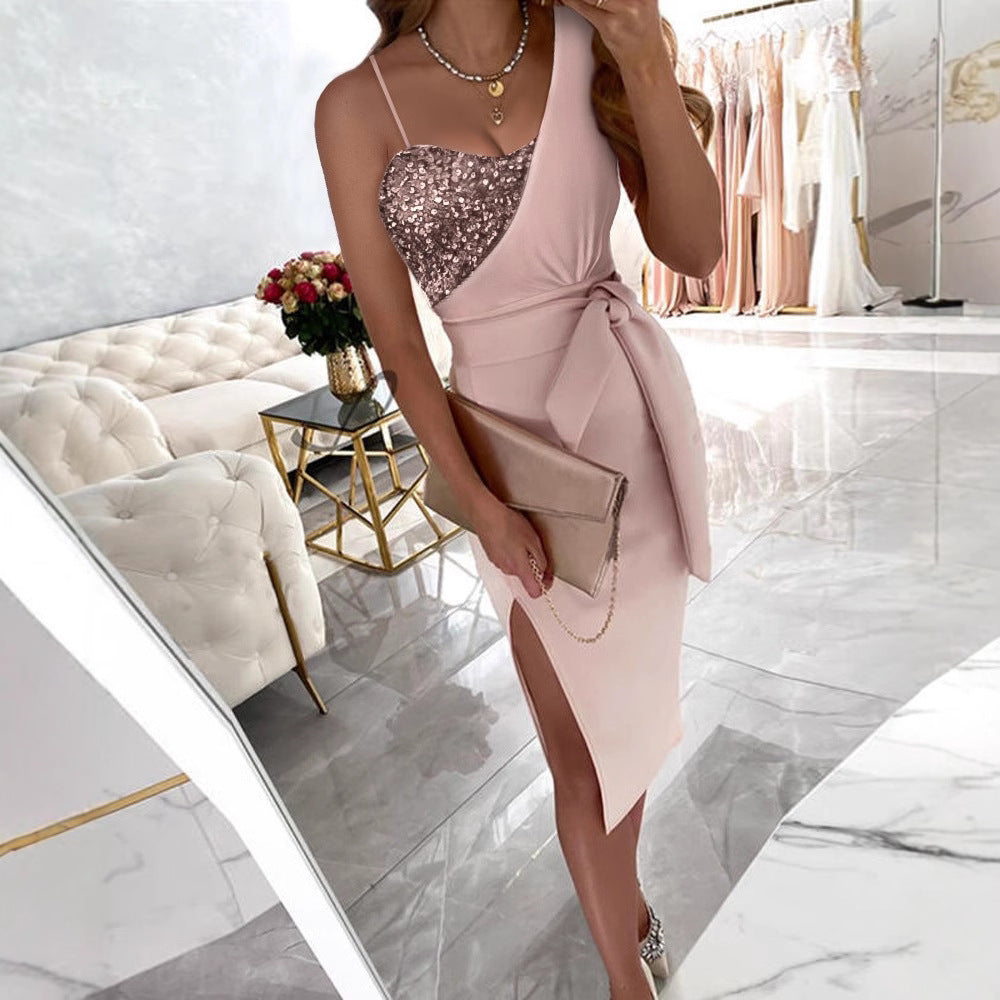 FLOWERSVERSE 2025 New women's new New color fashion sequin dress single shoulder suspender with evening dress dress