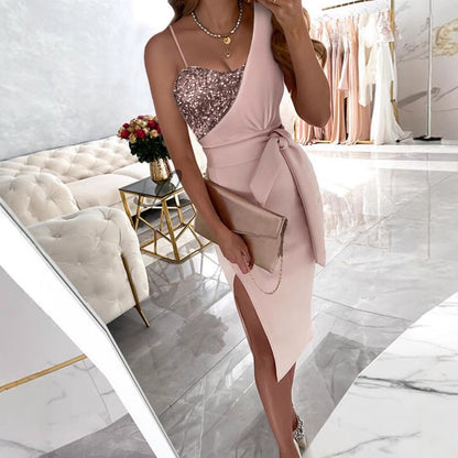 FLOWERSVERSE 2025 New women's new New color fashion sequin dress single shoulder suspender with evening dress dress