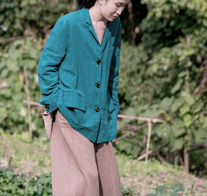 spring and autumn retro literary and artistic solid color linen lapel cotton and linen loose casual suit short jacket